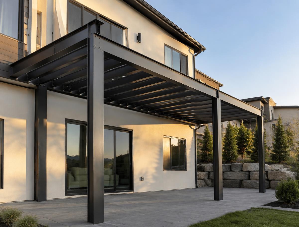 Elevated steel deck frame attached to a two-story home