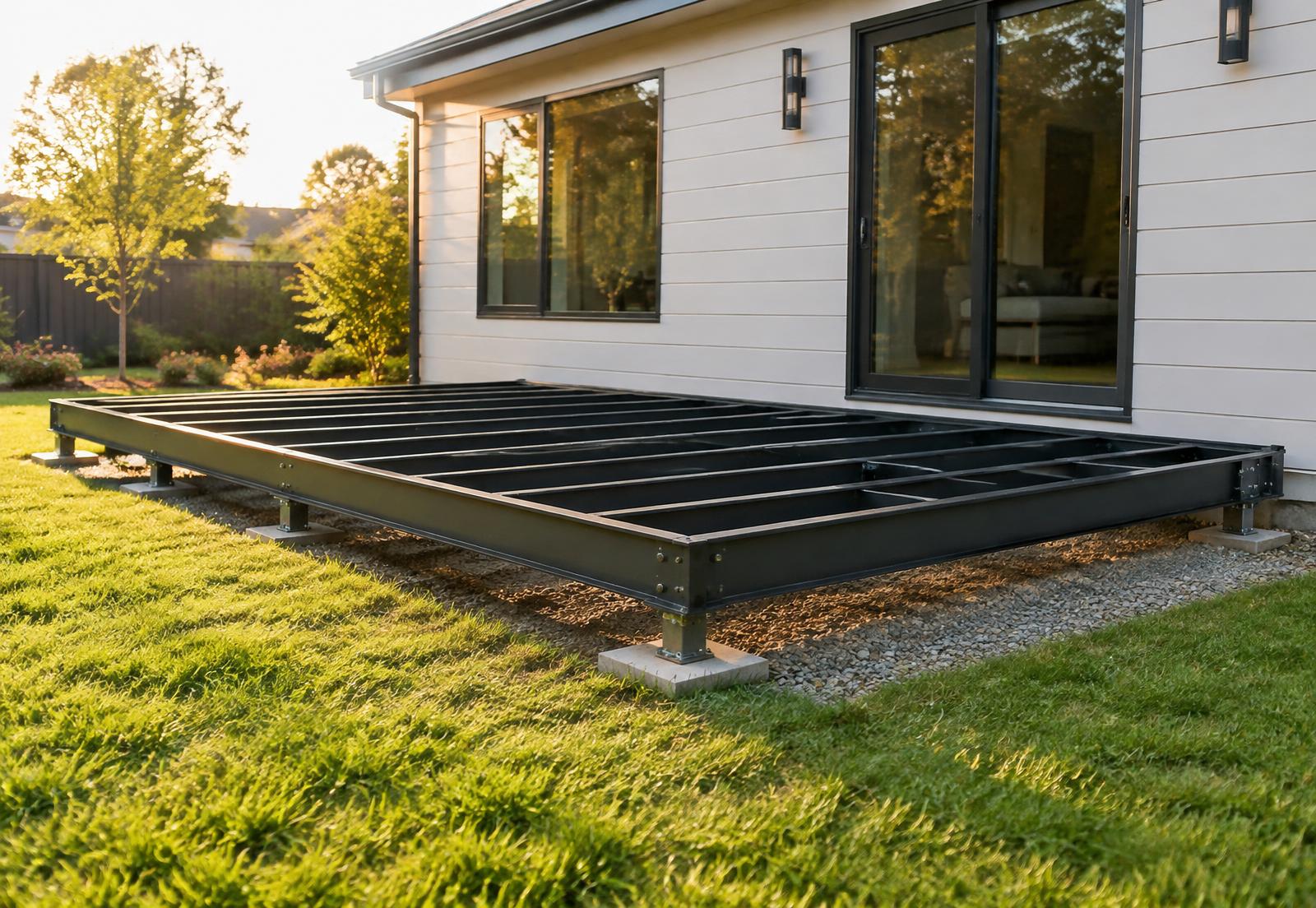 Steel deck frame sitting just above ground level on a lawn